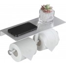 Toiletpapierhouder met legplank, zonder boren, toiletrolhouder, zilver, dubbele toiletpapierhouder, zelfklevend, wandmontage, aluminium of schroefmontage